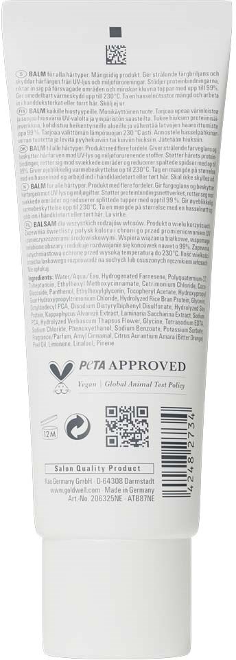 Rückseite einer weißen Tube mit detailliertem Text, Barcode, QR-Code und Zulassungsmarken, inklusive PETA-zugelassenes Logo und Produktinformationen.