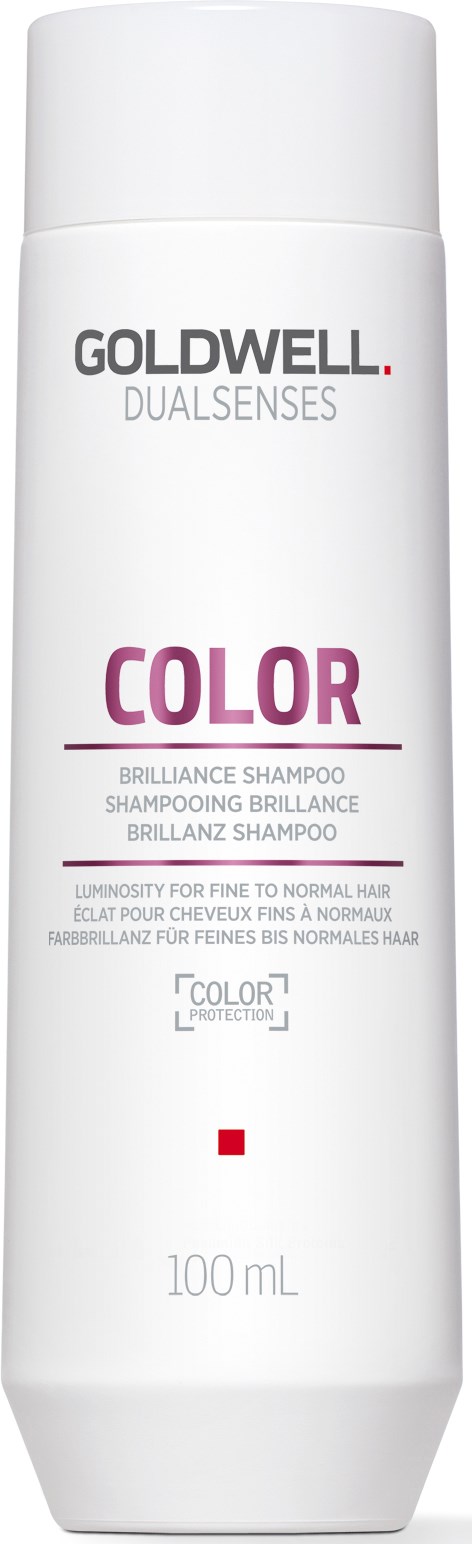 Eine weiße Shampoflasche mit Aufschrift 'GOLDWELL DUAL SENSES COLOR' für gefärbtes Haar, 100 mL.