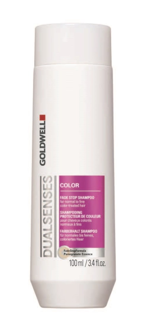 Eine weiße Flasche von Goldwell Dualsenses Color-Shampoo, 100 ml, mit lila Etikett und weißem Deckel.