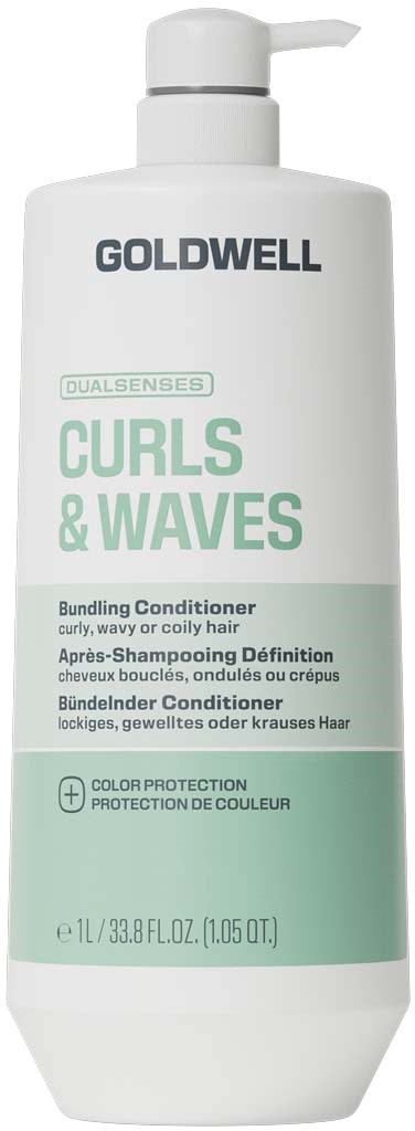 Goldwell Curls & Waves balsamsflaska med vit pump, ljusgrön och vit etikett.