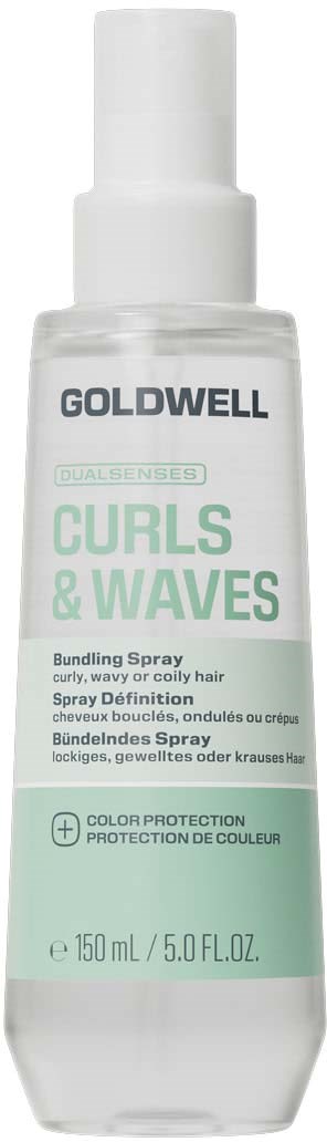 Goldwell Curls & Waves Sprühflasche für lockiges oder gewelltes Haar mit weißem und grünem Etikett und Sprühkopf.
