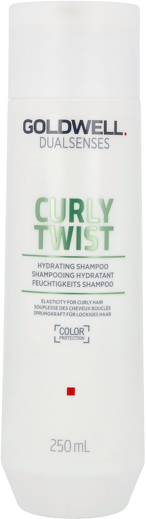 En vit schampoflaska med texten 'GOLDWELL DUALSENSES CURLY TWIST' och information om fukt, färg och storlek 250ml.
