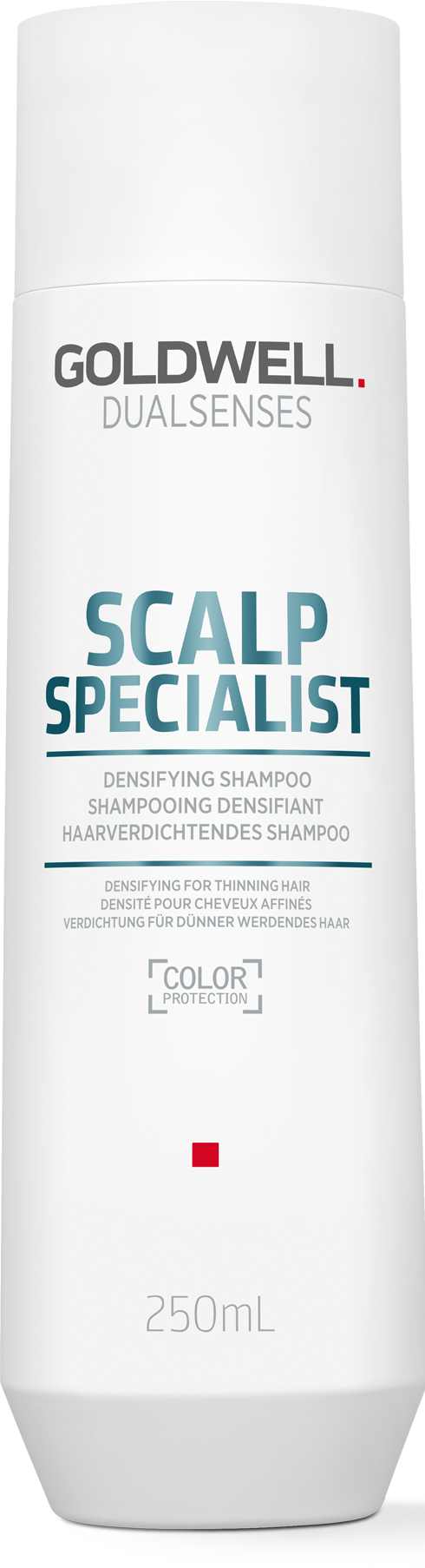 En hvit flaske med blå og grå tekst for Goldwell Scalp Specialist sjampo, 250 ml størrelse.