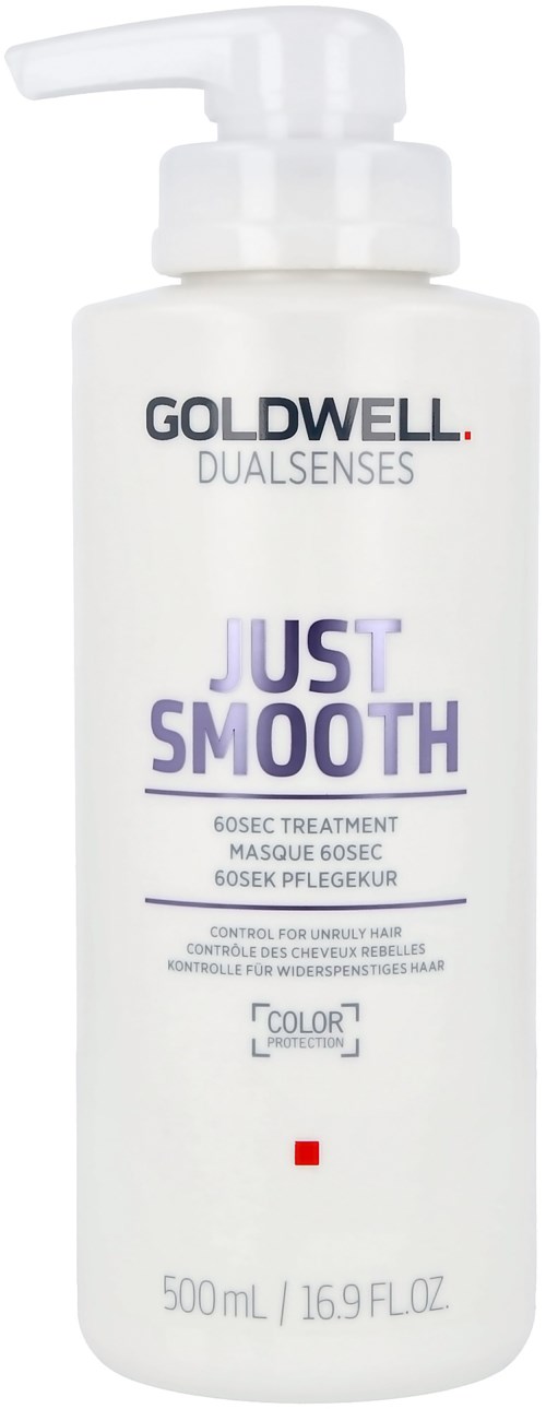 En hvit flaske med pumpe merket 'Goldwell Dualsenses Just Smooth', brukt til hårbehandling eller styling.