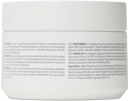 Rückseite eines weißen Hautpflegeglases mit Produktbeschreibung, Zutatenliste und Anwendungsanweisungen auf mehreren Sprachen.