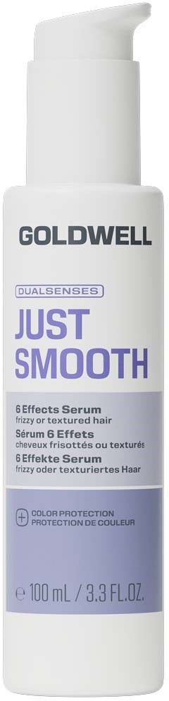 Weiße Flasche mit Pumpaufsatz, Goldwell Just Smooth Serum für strukturiertes Haar, 100 ml.