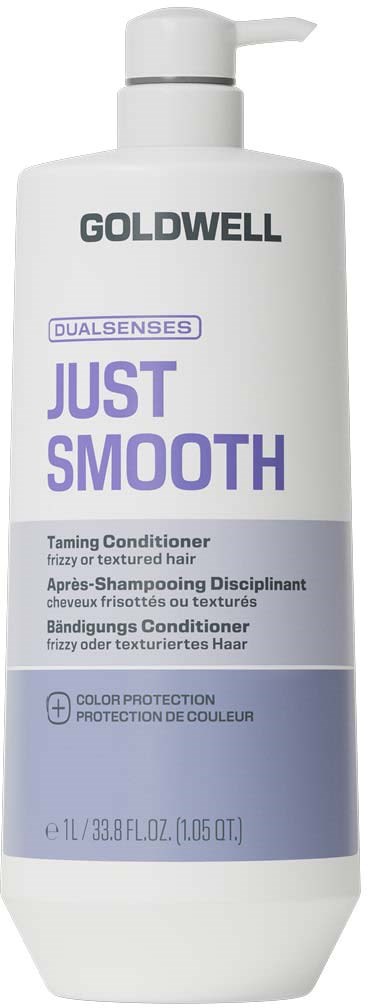 En vit flaska med Goldwell Just Smooth schampo med lila och grå text, med pump. Passar för frissigt hår.