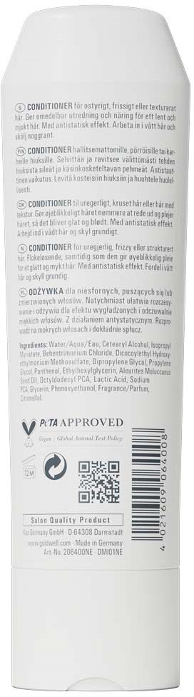 Vit flaska med text och streckkod, troligen ett hårbalsam.