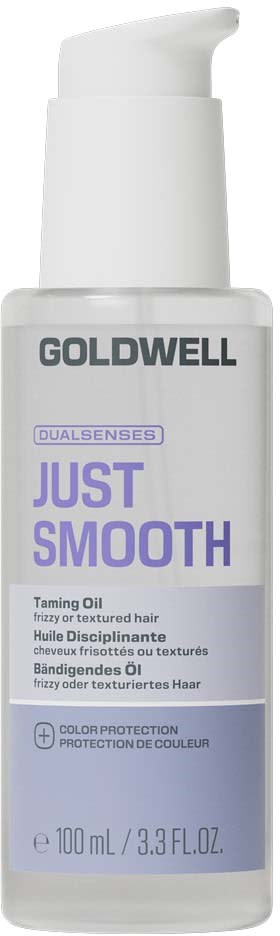 Eine weiße Flasche Goldwell Just Smooth Glättungsöl mit Pumpverschluss, für krauses oder texturiertes Haar.