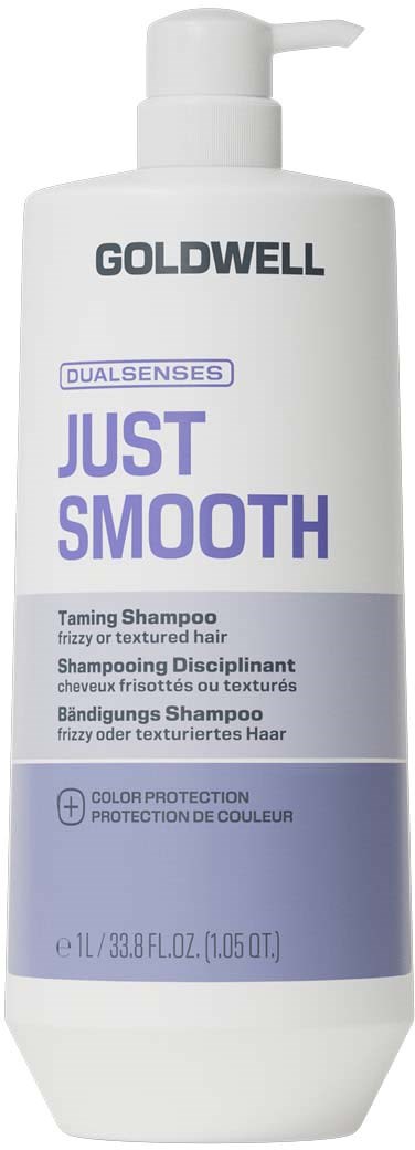 Goldwell Just Smooth Dualsenses skummande schampo i vit flaska med pump och lila text.