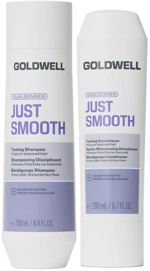 Två vita flaskor av Goldwell Just Smooth hårprodukter, en schampo och en balsam, med lila och svarta etiketter, 250 ml vardera.