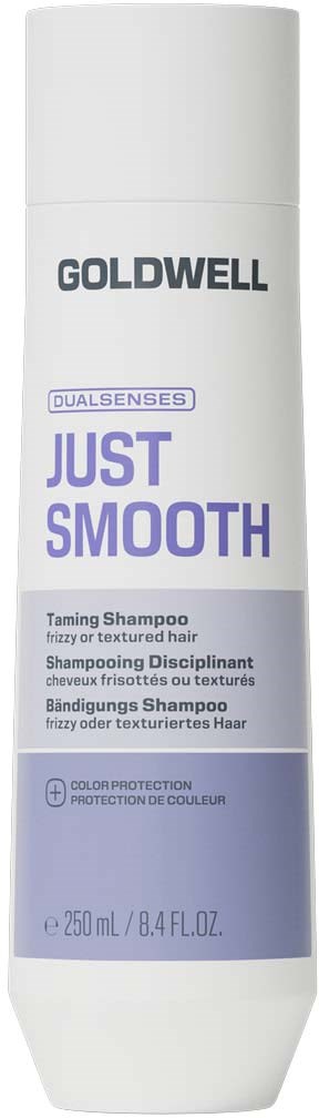 Goldwell Just Smooth balsam i en vit flaska med lila och svart text för lockigt eller strukturerat hår.
