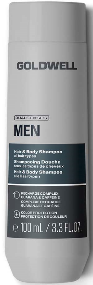 Goldwell Männer Haar- und Körper Shampoo Flasche mit schwarzem und weißem Etikett, 100 ml.