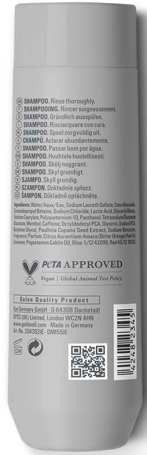 Rückseite einer Shampooflasche mit Produktangaben, Inhaltsstoffen und Zulassungslabel.