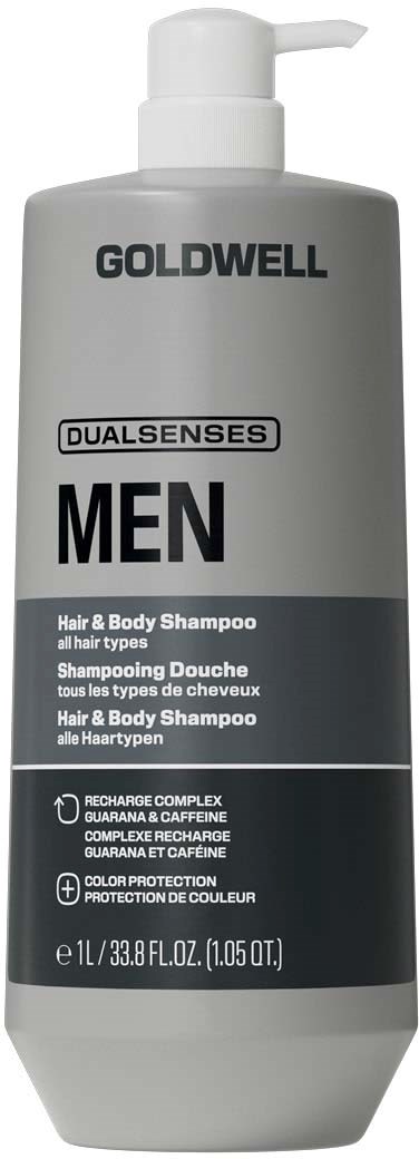 Eine graue Flasche Goldwell Men Haar- und Körpershampoo mit Pumpkopf, mit schwarzem und weißem Labeltext.