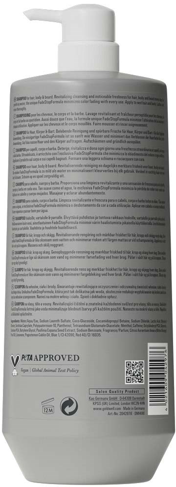 Rückseite einer grauen Kunststoffflasche mit Pumpe, mit Text, Barcodes und Zertifizierungssymbolen.
