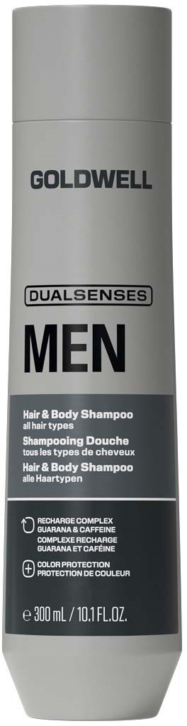 Eine zylindrische Flasche mit Goldwell Dual Senses Herren Shampoo für Haare und Körper, grauer Verschluss und weiß-schwarzes Etikett.