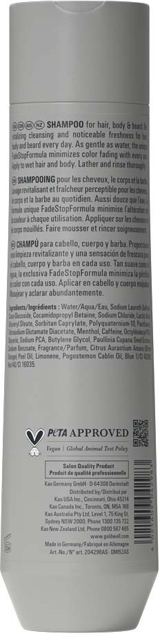 Rückseite einer weißen Shampoo-Flasche mit schwarzem Text, PETA-zertifiziertes Logo und Barcode.