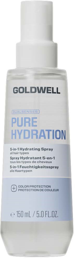 Weiße Sprayflasche mit Goldwell Pure Hydration 5-in-1 Feuchtespray für alle Haartypen, 150 ml.