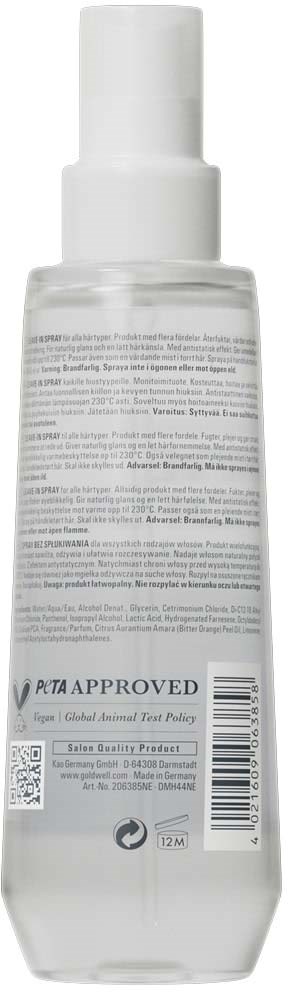 Rückseite einer transparenten Kunststoffsprühflasche mit weißen Sprühkopf, Etikett mit Text, Barcode und PETA-Zeichen.