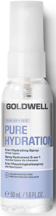 Weiße Flasche mit Sprühverschluss, gekennzeichnet Goldwell Pure Hydration 5-in-1 Spray für Haare, 50 ml.