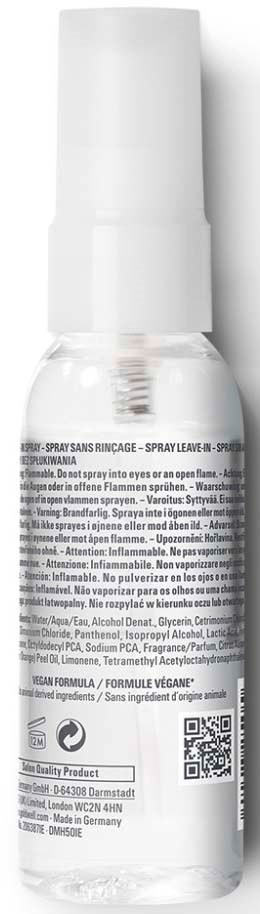 Kleine transparente Sprühflasche mit weißem Deckel und detaillierten Produktinformationen.
