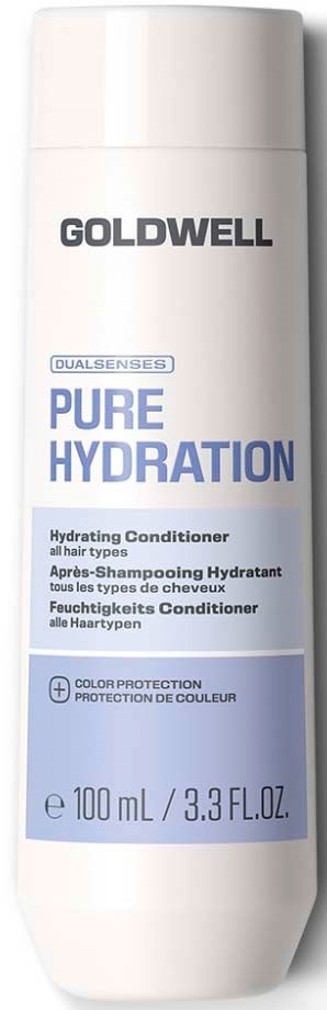 En vit flaska av Goldwell Pure Hydration återfuktande balsam för alla hårtyper med en ljus lila och blå etikett.