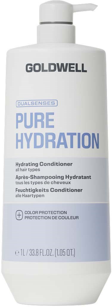 En vit flaska med Goldwell Pure Hydration hårbalsam med pump och blå etikett.