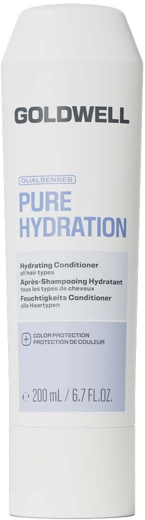 Vit flaska med Goldwell Pure Hydration återfuktande balsam med svart och blå text.