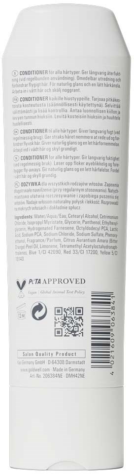 En vit flaska med detaljerad text och en QR-kod som visar hårbalsamets ingredienser och användningsuppgifter.