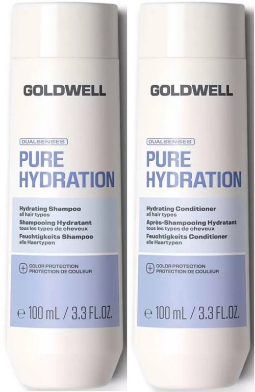 Två flaskor av Goldwell Pure Hydration schampo och balsam med vit förpackning och blå text.