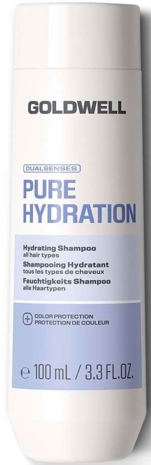 En vit flaska med Goldwell Pure Hydration återfuktande schampo med blå och svart text på etiketten.