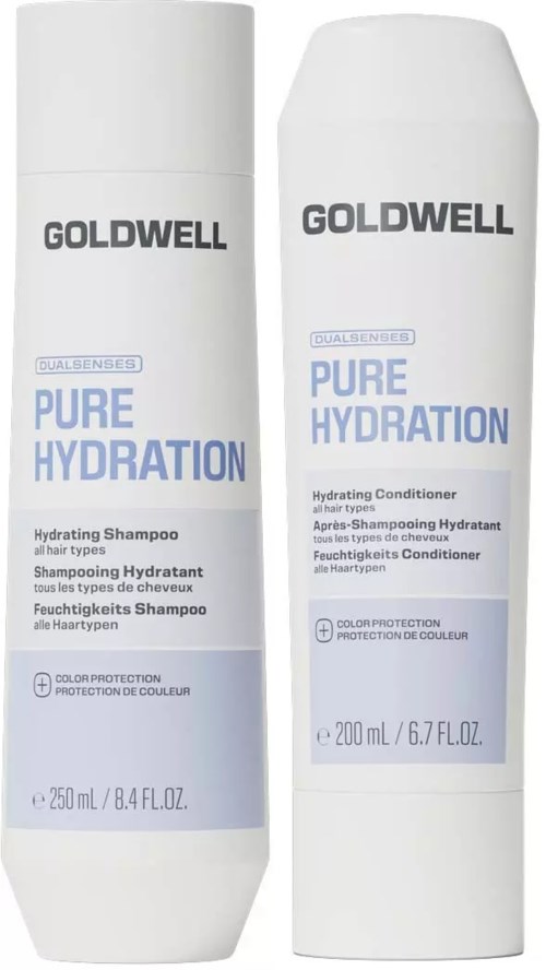 Två vita flaskor av Goldwell Pure Hydration schampo och balsam med blå och svart text.