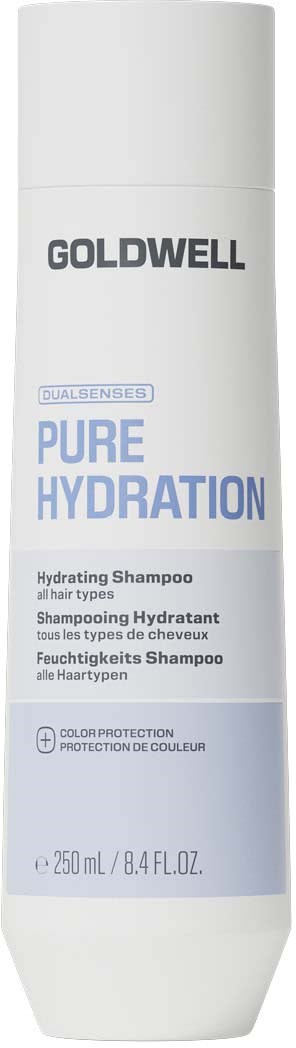 Vit flaska med Goldwell Pure Hydration återfuktande schampo med blå och grå text och lock.