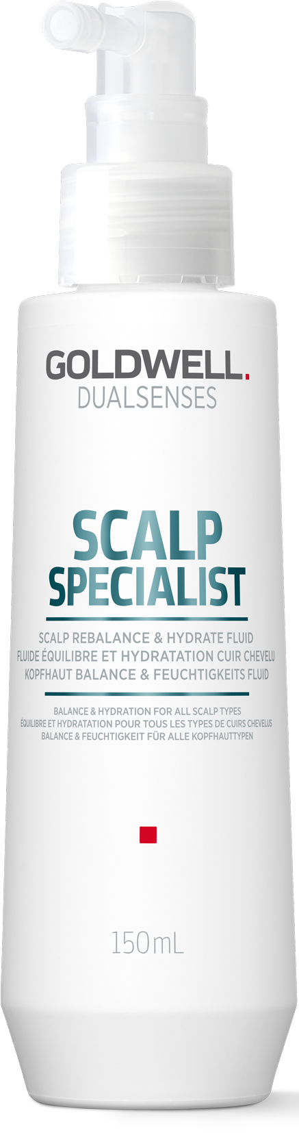 En vit flaska med pumpkttopp märkt 'Goldwell Dualsenses Scalp Specialist' för hårvård. Den innehåller 150 ml.