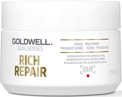 Goldwell Rich Repair Haarmaske in einem Behälter mit weißem Deckel und Etikett, das die Reparatur von beschädigtem Haar und Farbschutz anzeigt.