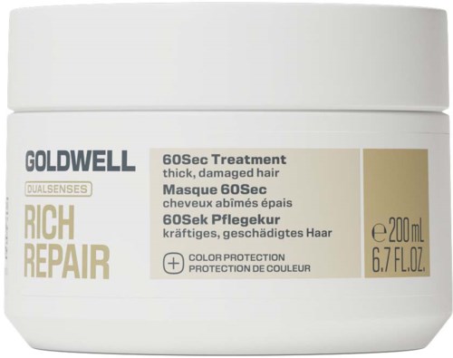 Ein weißer Topf mit Goldwell Rich Repair Intensivbehandlung für dickes, geschädigtes Haar mit beiger Etikette und schwarzem und goldenem Text.