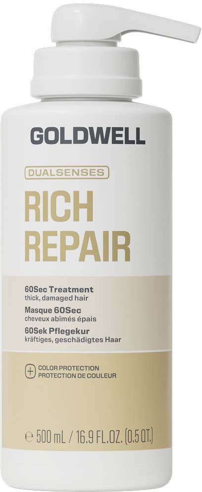 Eine weiße Flasche mit Goldwell Rich Repair Behandlung für dickes, beschädigtes Haar mit Pumpe. Beschriftung zeigt Produktname und Details.