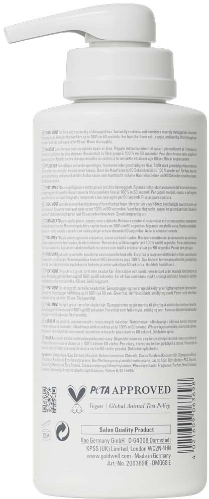 Weiße Pumpflasche für Hautpflegeprodukt mit Text, PETA-zertifiziertes Logo, Barcode und FDA-Zertifizierungslogos auf dem Etikett.