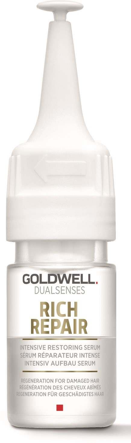 Hvid flaske med dropper, mærket 'Goldwell Rich Repair' til hårbehandling, fokuserer på skadet hår.