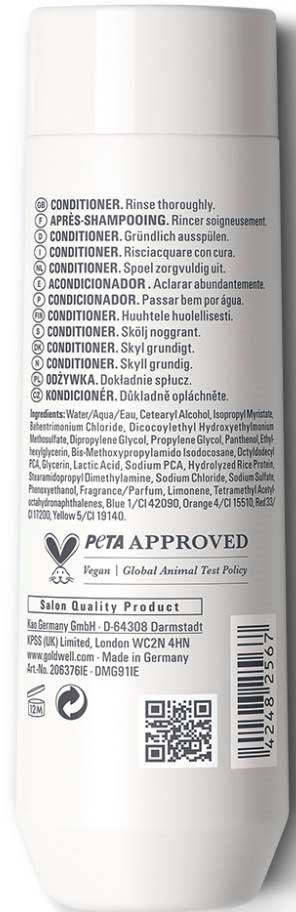 Baksidan av en vit hårvårdsproduktflaska med instruktioner, ingredienser och certifieringslogotyper inklusive PETA godkänd.