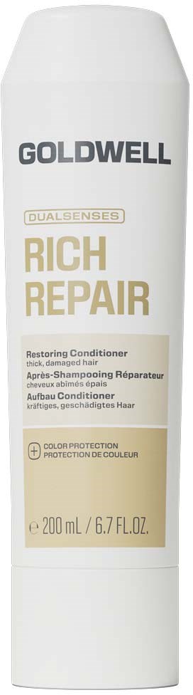 En vit flaska med Goldwell Rich Repair-aktion för återställande balsam, med svart och guld etikett.