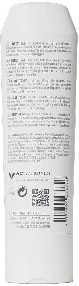 Baksidan av en vit balsamflaska med produktbeskrivning, ingredienser, streckkod och godkännandeloger.