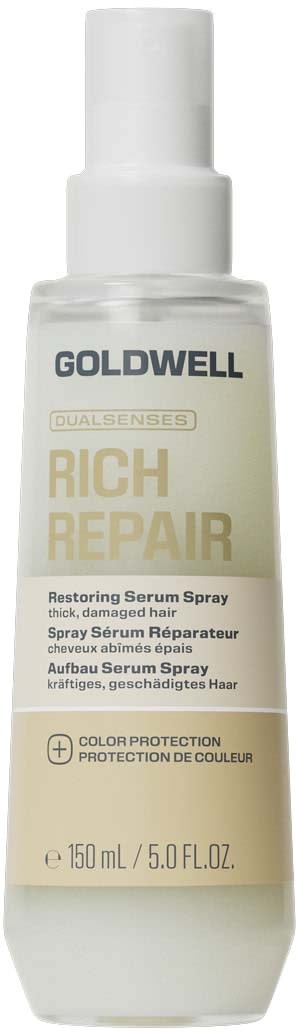 Valkoinen paineruiskupullo Goldwell Rich Repair -hoitosuihkeelle vaurioituneelle hiuksille, pumppakappale ja etiketillä.