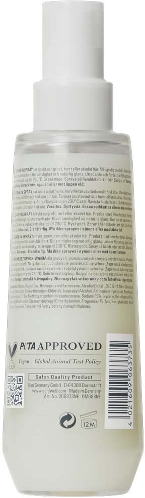 Valkoinen suihkepullo, jossa tekstiä ja viivakoodeja, merkitty ainesosilla ja tuotteen nimellä, seisoo pystyssä.