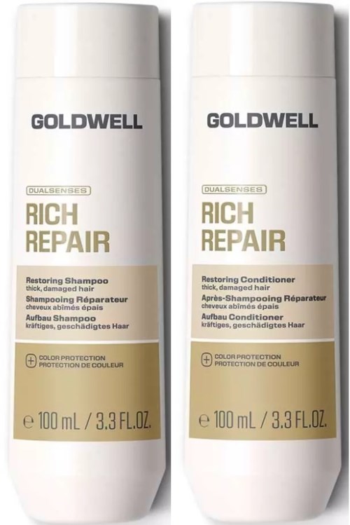 Två vita flaskor med Goldwell Rich Repair schampo och balsam för skadat hår.