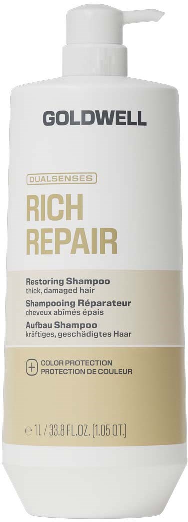 En vit flaska med Goldwell Rich Repair schampo med pump, avsedd för skadat och tjockt hår.