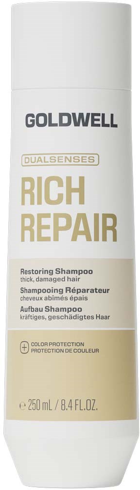 Goldwell Rich Repair återställande schampo för tjockt, skadat hår i vit flaska med beige och grå text.