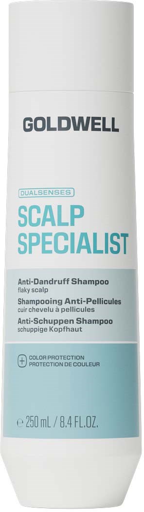 Valkoinen pullo Goldwell Scalp Specialist Anti-Dandruff Shampoo ja sinisellä labelillä.