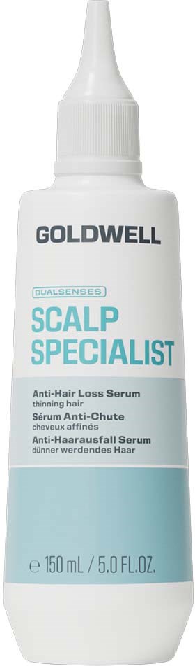 En vit flaska med spetsig munstycke märkt Goldwell Scalp Specialist anti-håravfall serum för tunt hår.